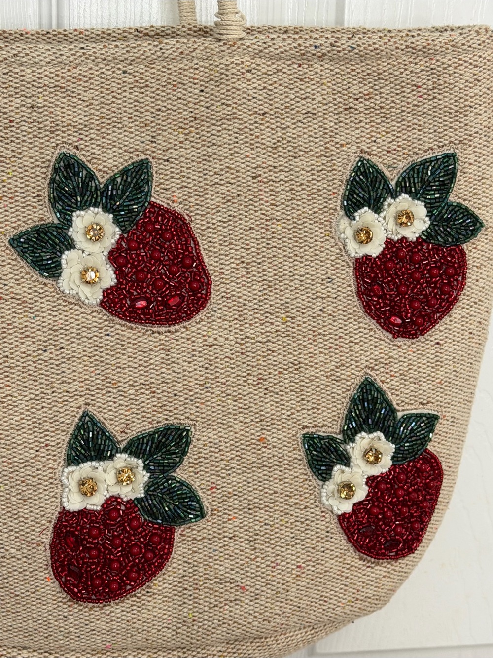 Made in India Tote Bag with Red Strawberry Embellishments - Picture 2 of 8